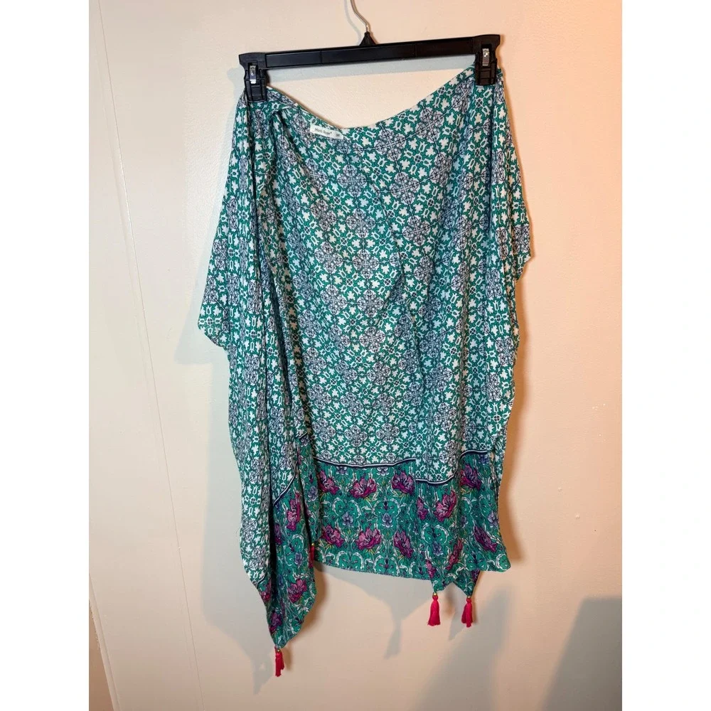 Moss Rose Green Floral Geometric Tassel Kimono‎ Wrap Scarf One Size O/S